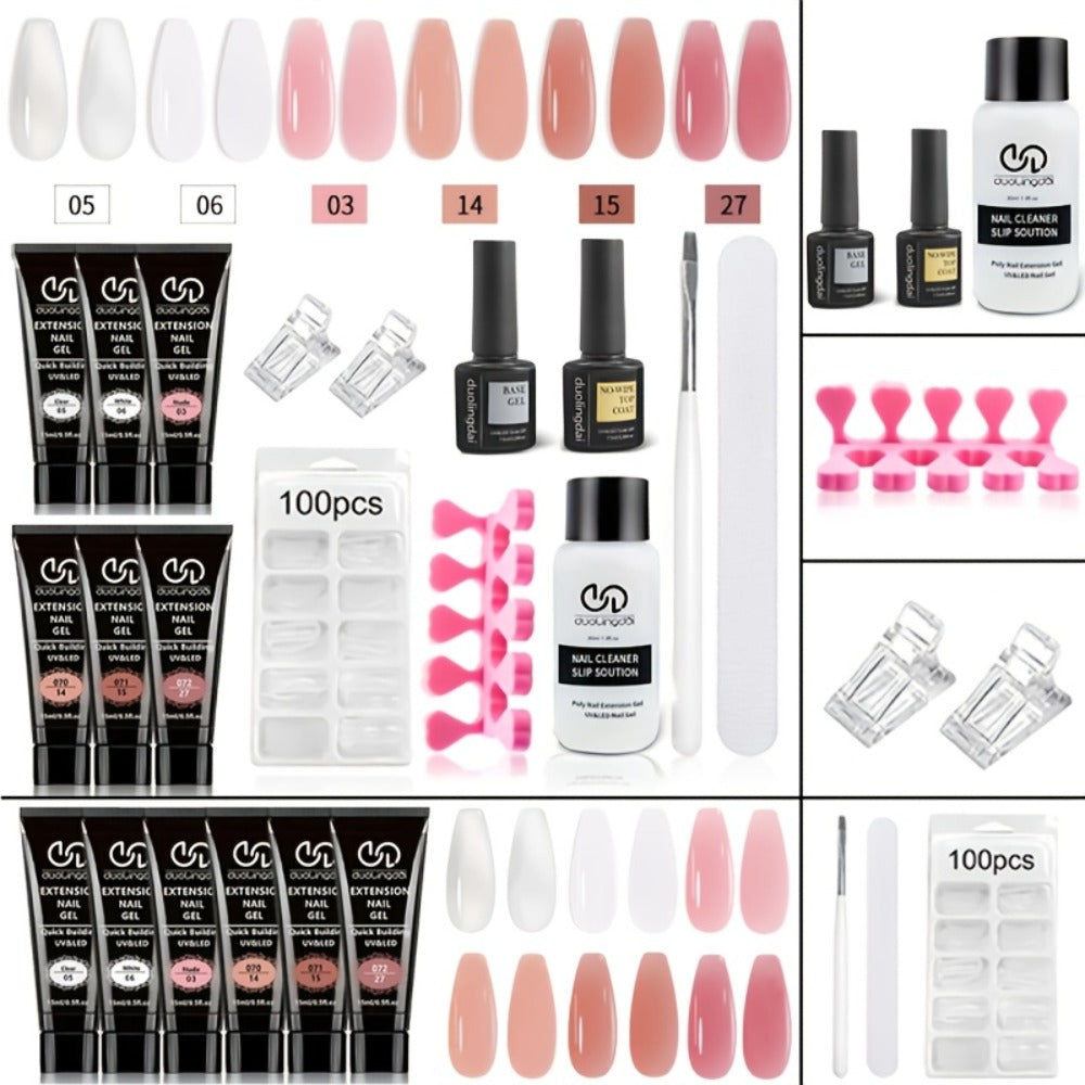 Poly Nail Gel Kit Hard Builder 6 Colors Clear Pink White — Nail Extension Thickening & Strengthening Gel for Brittle Thin Nails & French Manicure | Soak-Off UV LED Long-Lasting Salon & Home Use for Women