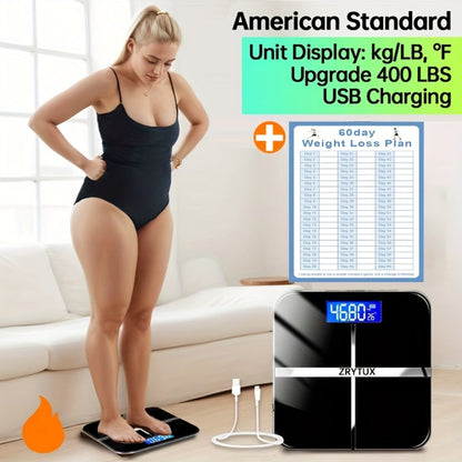 USB Rechargeable Bathroom Scale 400lb – Smart Digital Body Weight Scale, HD LCD & Fahrenheit Temperature Display, kg/lb Switch, Ultra-Wide Platform, USB Charging or Battery Powered, Black & Pink