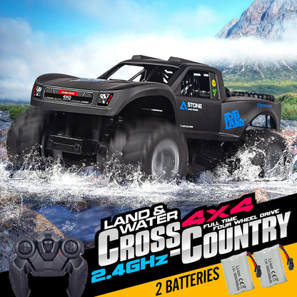 Amphibious RC Car 1:16 Scale 4WD Waterproof Land & Water Remote Control Monster Truck – 2 Rechargeable Batteries, All-Terrain RC Truck for Boys Kids Ages 4+, Birthday Christmas Gift