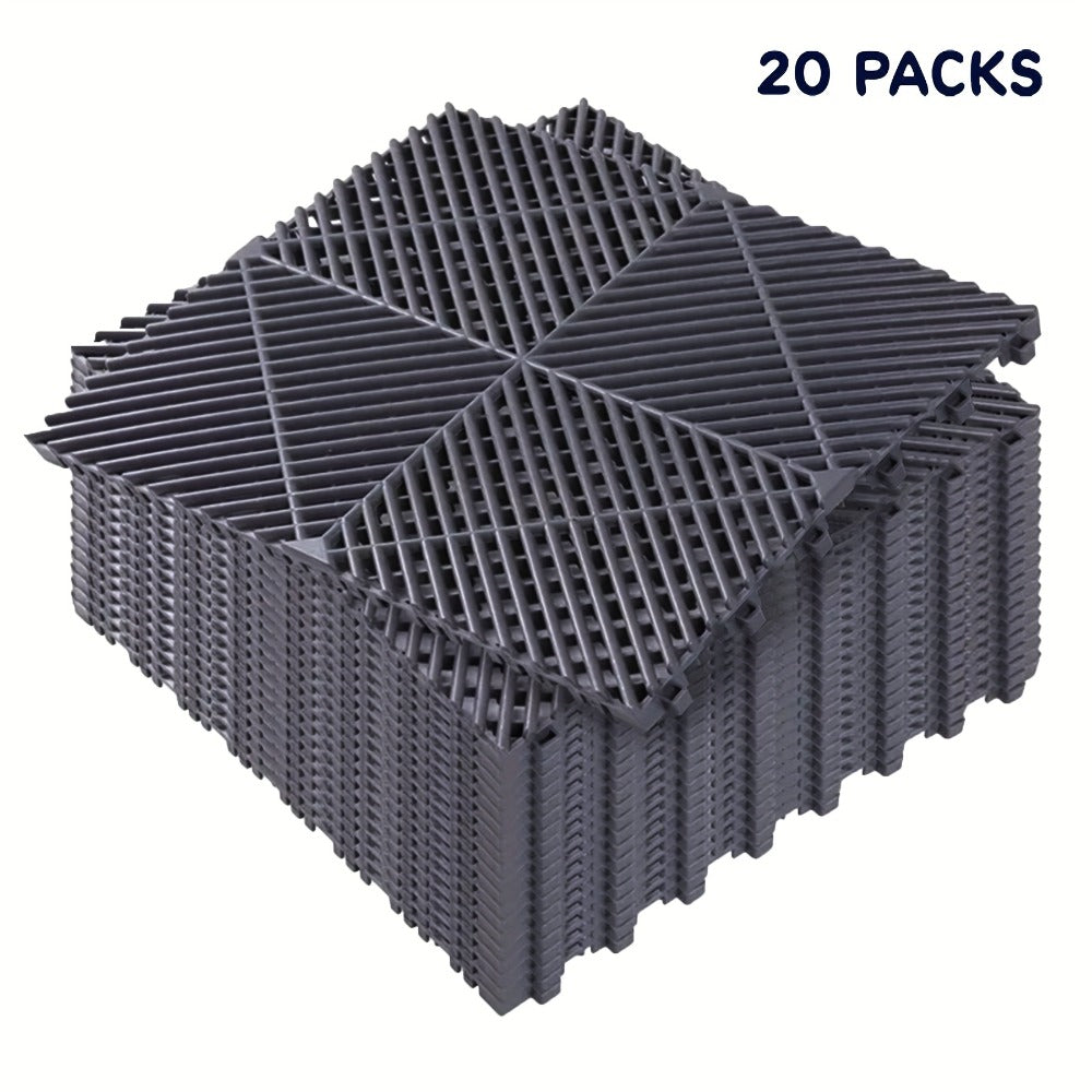 Interlocking Garage Floor Tiles 20-Pack - 16"x16" Drainage Floor Mat, Non-Slip PP Tiles for Garage, Car Wash, Basement & Pool | 41.3 Sq Ft Coverage