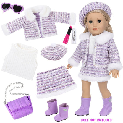 18 Inch Doll Knitted Clothes Outfit Set with Hat Jacket Skirt Shoes Socks Sunglasses Lipstick – Complete Baby Doll Accessories for 16-18 Inch Dolls Playing House Gift for Girls Birthday Christmas