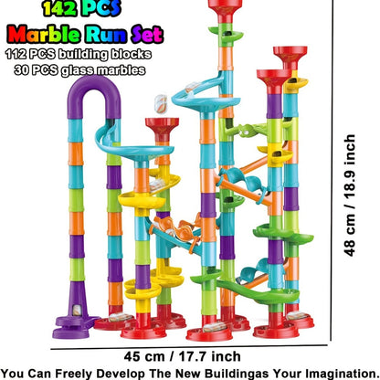 Marble Run Set Building Blocks for Kids 112/147pcs with Glass Marbles – STEM Marble Race Track Construction Toy Logic Hand-Eye Coordination Learning Game, Best Birthday Gift for Boys & Girls Ages 4+