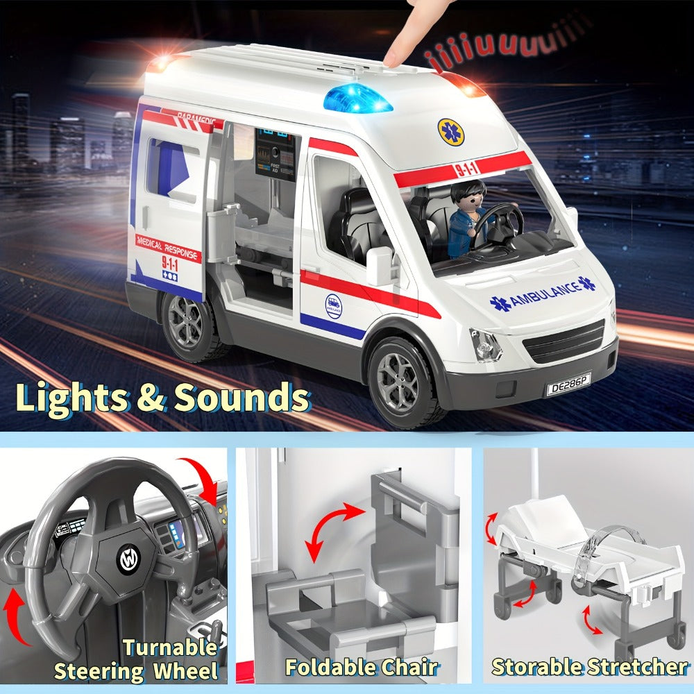 Ambulance Toy Playset for Kids Ages 3-8 – Realistic Friction-Powered Emergency Vehicle with Flashing Lights & Siren Sound, Durable Design, Birthday Holiday Gift for Boys & Girls