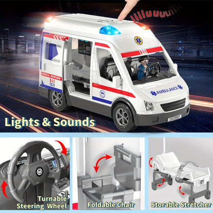Ambulance Toy Playset for Kids Ages 3-8 – Realistic Friction-Powered Emergency Vehicle with Flashing Lights & Siren Sound, Durable Design, Birthday Holiday Gift for Boys & Girls