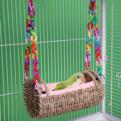 Parrot Nest with Mat Rattan Swing Toy All Season Bird Hammock Hanging Perch for Baby Parrots Cockatiels Conures Budgies Colorful Chain Included