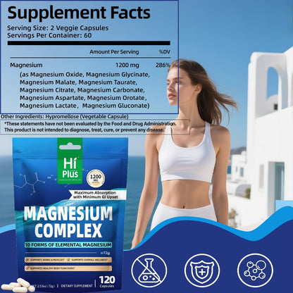 Magnesium Glycinate Complex 1200mg 10-in-1 Full Spectrum Vegan Capsules for Deep Sleep Calm Anxiety Relief Heart Bone & Nerve Health — High Absorption Gentle on Stomach 120 Capsules Women & Men