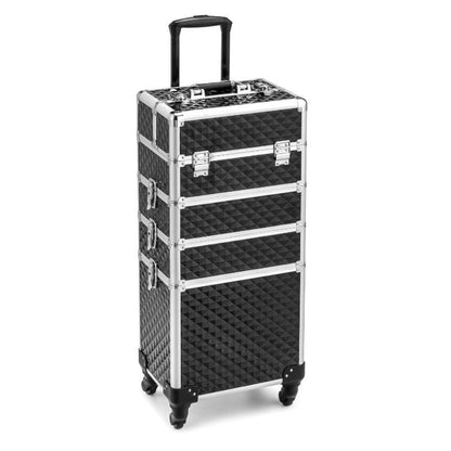 Makeup Train Case Rolling 4-in-1 Aluminum Lockable Trolley with 4 Removable Wheels Collapsible Trays DIY Compartments Telescopic Rod Cosmetic Organizer for Makeup Artists Salon Travel Black Pink Rhinestone
