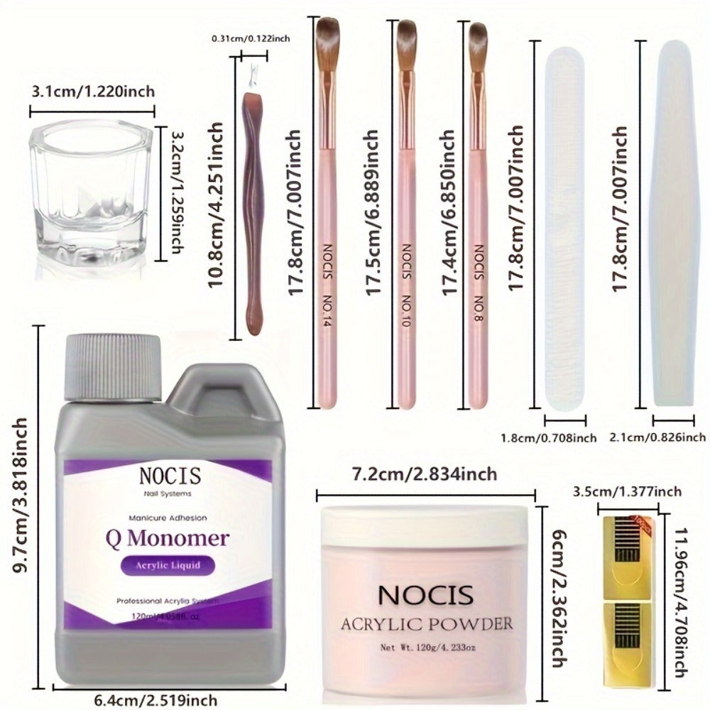 120g Peach Pink Acrylic Nail Kit 10-Piece — Crystal Powder Monomer Liquid Nail Brush Forms Complete Starter Set for Nail Extensions Salon & Home Use