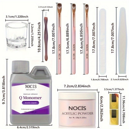 120g Peach Pink Acrylic Nail Kit 10-Piece — Crystal Powder Monomer Liquid Nail Brush Forms Complete Starter Set for Nail Extensions Salon & Home Use