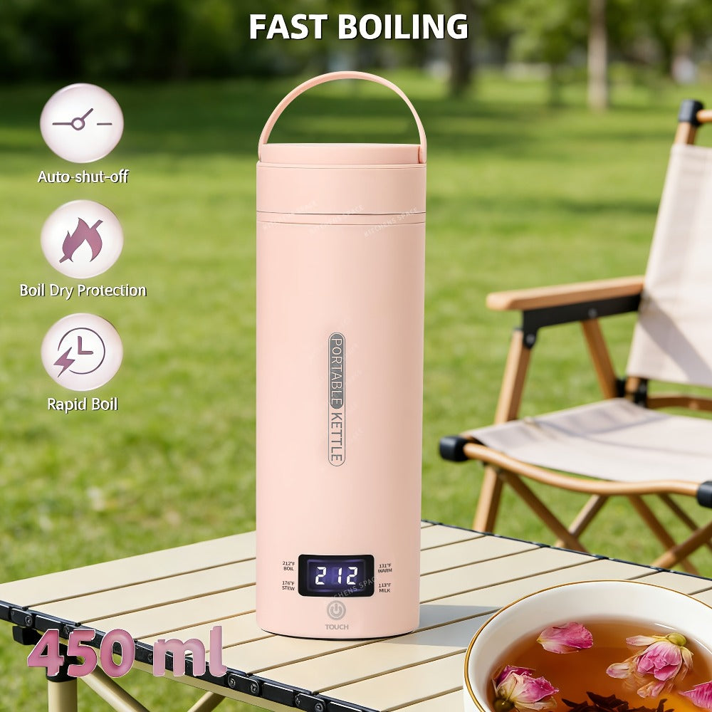 Travel Electric Kettle Mini Portable – Small Water Boiler with 4 Temperature Settings, 304 Stainless Steel, Auto Shut-Off & Boil-Dry Protection, BPA-Free Compact Tea Coffee Kettle with Leather Sleeve – Pink, Black, White