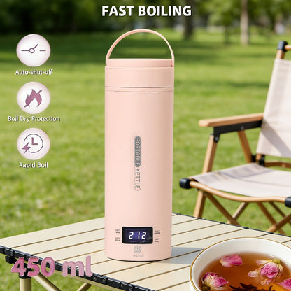 Travel Electric Kettle Mini Portable – Small Water Boiler with 4 Temperature Settings, 304 Stainless Steel, Auto Shut-Off & Boil-Dry Protection, BPA-Free Compact Tea Coffee Kettle with Leather Sleeve – Pink, Black, White