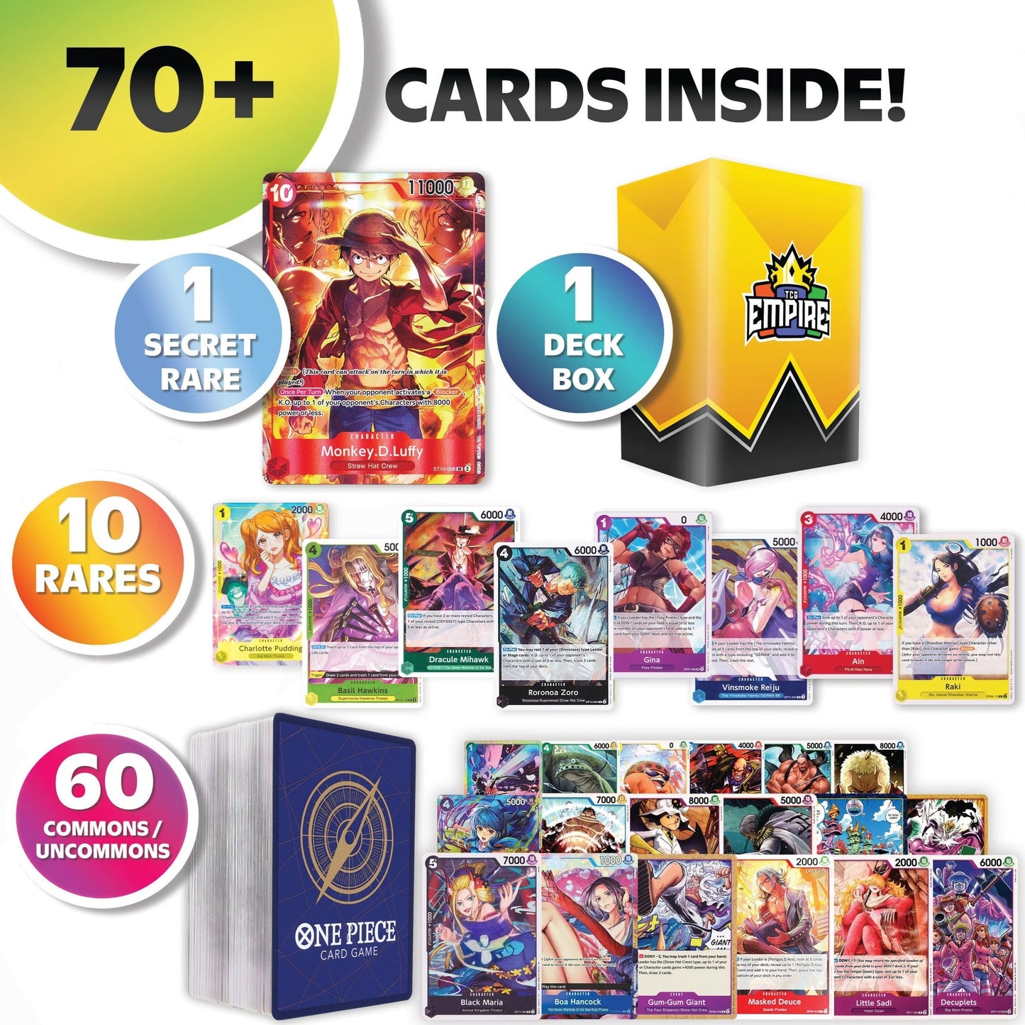 One Piece Card Game Bundle – 70+ Cards with 1 Super Rare Guaranteed | 10 Holos & Rares + 60 Commons | TCG Storage Box Included | Gift for Anime Fans & Collectors