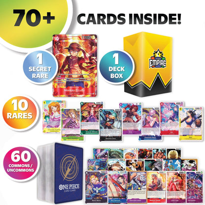 One Piece Card Game Bundle – 70+ Cards with 1 Super Rare Guaranteed | 10 Holos & Rares + 60 Commons | TCG Storage Box Included | Gift for Anime Fans & Collectors