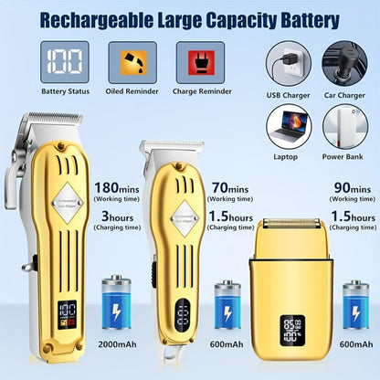 Foil Shaver Grooming Kit for Men 3-in-1 – Hair Clipper Detail Trimmer Adjustable Blades USB Rechargeable LCD Display Complete Barbershop Accessories Set Holiday Gift for Him