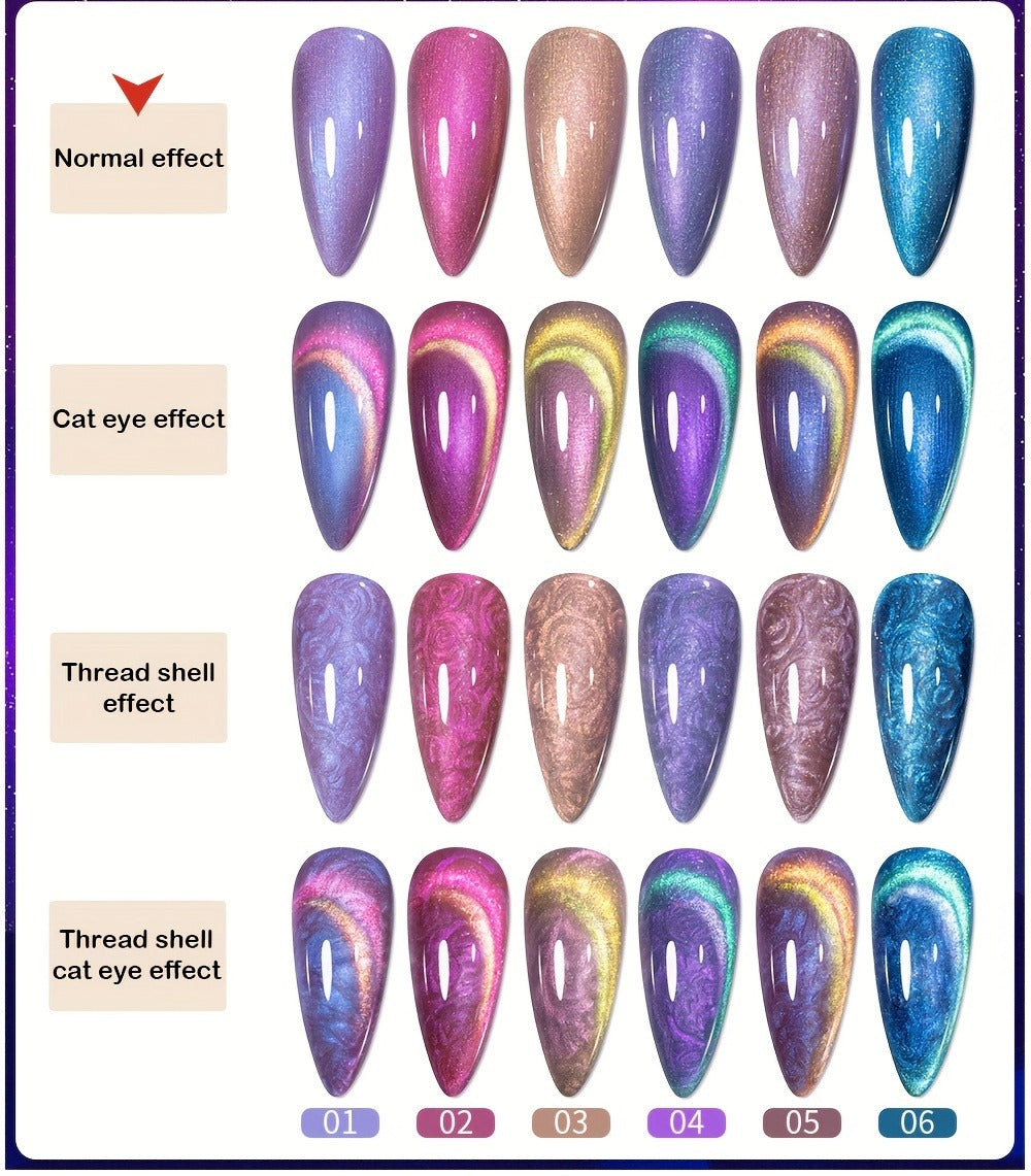 Cat Eye Gel Nail Polish Set 6Pcs 9D Aurora Magnetic Glitter Pearl Shell Effect – Soak-Off Semi-Permanent UV LED Gel Varnish Nail Art Kit for Home Salon Manicure Gift for Women