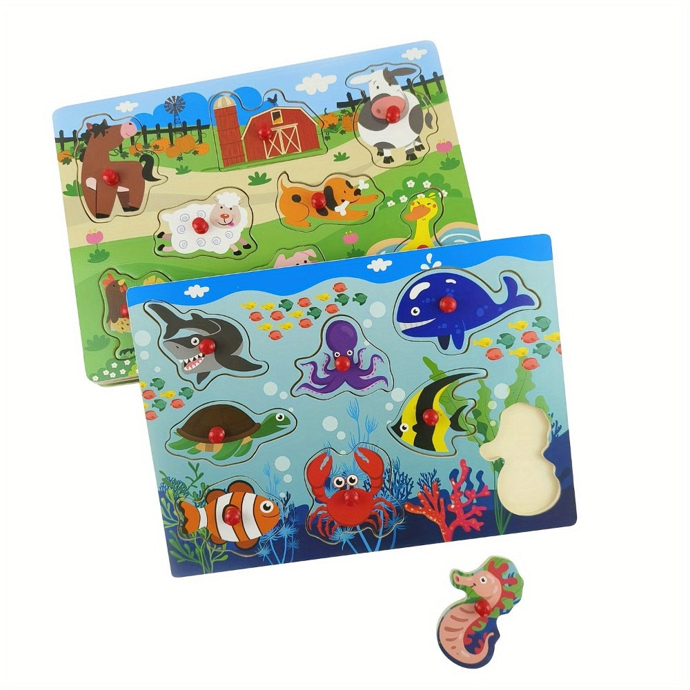 Wooden Peg Puzzles for Toddlers Set of 4 – 32 Piece Knob Puzzle Bundle Farm Zoo Christmas Halloween Themes, Montessori Educational Gift for Kids Age 1 2 3 Boys Girls