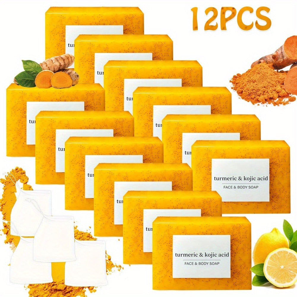 Kojic Acid Turmeric Soap Bar Set 12 Pack 100g with 4 Bubble Nets - Ginger Lemon Handmade Moisturizing Brightening Body Soap for Dark Spots Even Skin Tone Gentle Unisex Travel Gift