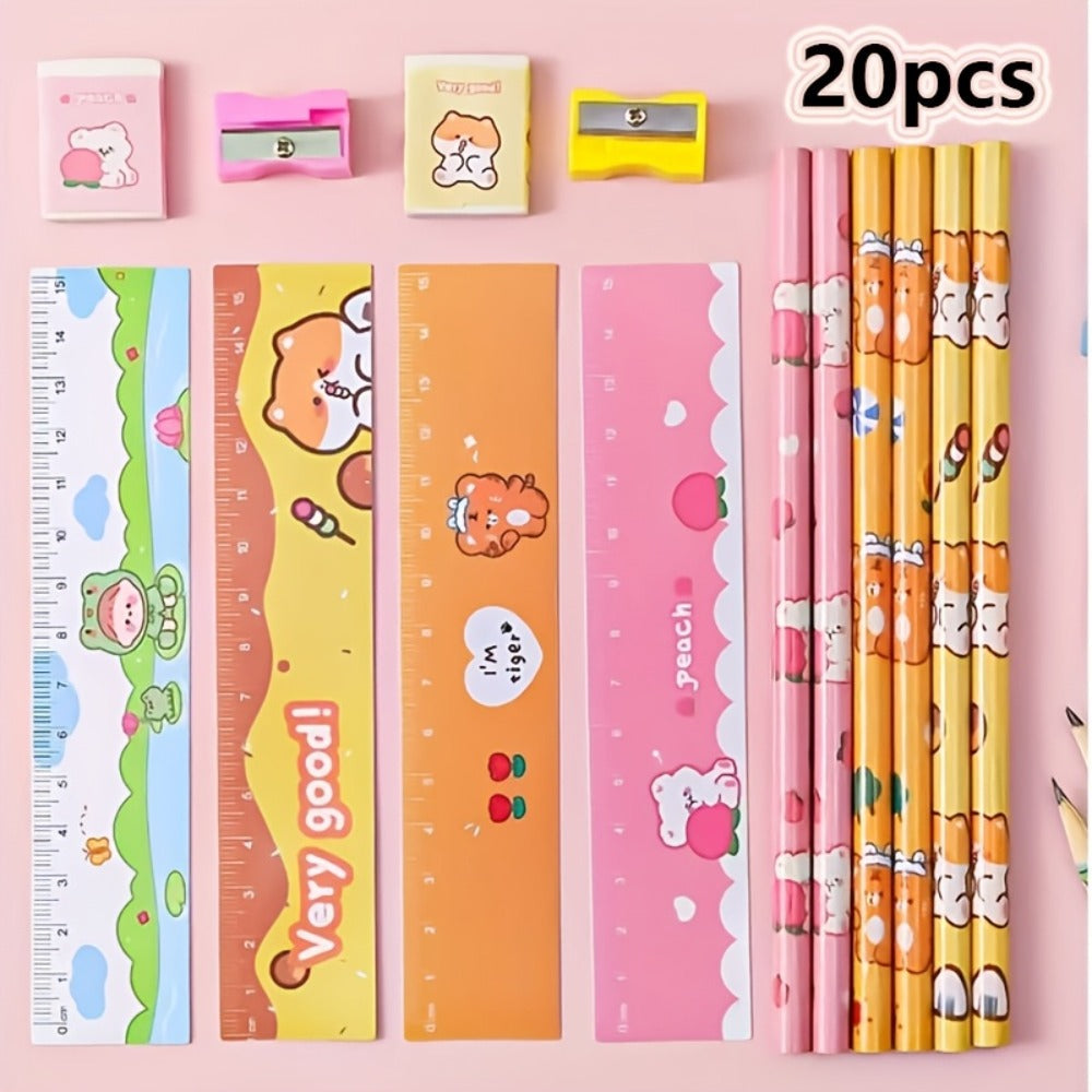 20-Piece Cartoon Pencil Stationery Set with Ruler Eraser Sharpener, Random Cartoon Styles, Kids School Supplies, Party Favor Prizes, Festival Gift Set for Students
