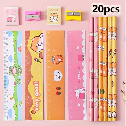 20-Piece Cartoon Pencil Stationery Set with Ruler Eraser Sharpener, Random Cartoon Styles, Kids School Supplies, Party Favor Prizes, Festival Gift Set for Students