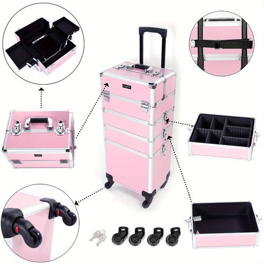 Makeup Train Case Rolling 4-in-1 Aluminum Lockable Trolley with 4 Removable Wheels Collapsible Trays DIY Compartments Telescopic Rod Cosmetic Organizer for Makeup Artists Salon Travel Black Pink Rhinestone