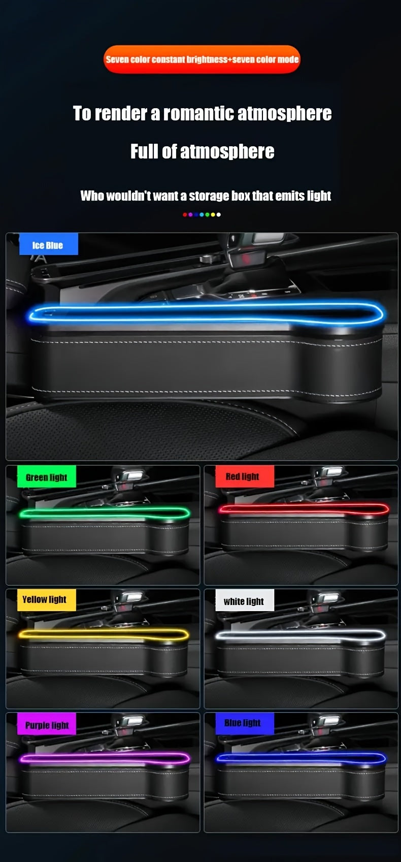 Car Seat Gap Storage Box, Phone Holder Charger, Clutter Organizer, Car Seat Gap Organizer with LED Ambient Lighting, Faux Leather Multi-Function Console Side Bag with Dual USB Charging Ports, for Vehicle Interior Additions