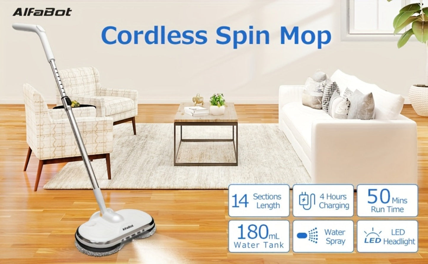 Cordless Electric Spin Mop Floor Cleaner with LED Headlight & Water Spray Tank – Powerful Wireless Spinning Mop for Hardwood & Tile Floors, Quiet Motor, Self-Cleaning & Waxing Function (White)