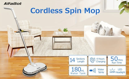 Cordless Electric Spin Mop Floor Cleaner with LED Headlight & Water Spray Tank – Powerful Wireless Spinning Mop for Hardwood & Tile Floors, Quiet Motor, Self-Cleaning & Waxing Function (White)