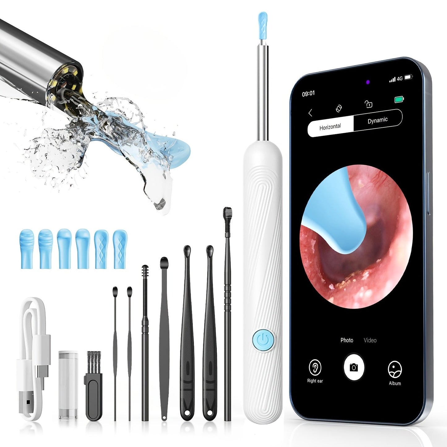 Ear Wax Removal Camera Visual Ear Cleaner 1080P HD – 6 Safety Ear Spoons 7-Piece Kit, USB Charging, Real-Time Smartphone Inspection, Portable Ear Cleaning Tool for Adults Kids, Black and White