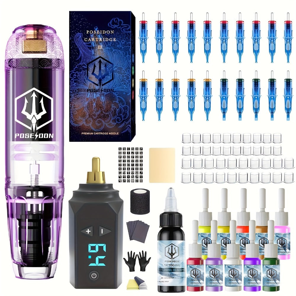 POSEIDON TK039 Tattoo Pen Kit Wireless Rotary Machine with LED Display Coreless Motor 20 Cartridge Needles 10 Inks Practice Skin & Complete Tattoo Supplies for Beginners & Professional Artists