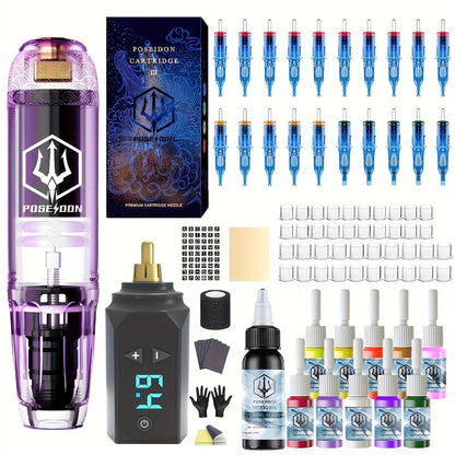 POSEIDON TK039 Tattoo Pen Kit Wireless Rotary Machine with LED Display Coreless Motor 20 Cartridge Needles 10 Inks Practice Skin & Complete Tattoo Supplies for Beginners & Professional Artists