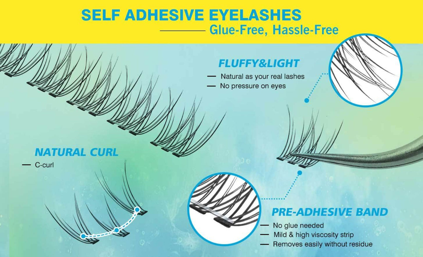 Pre-Glued Wispy Press-On Lash Clusters Kit with 2 Tweezers — Self-Adhesive No Glue Needed, Natural & Thick Fluffy Volume, Reusable Beginner-Friendly Individual Cluster Eyelashes for Daily Wear