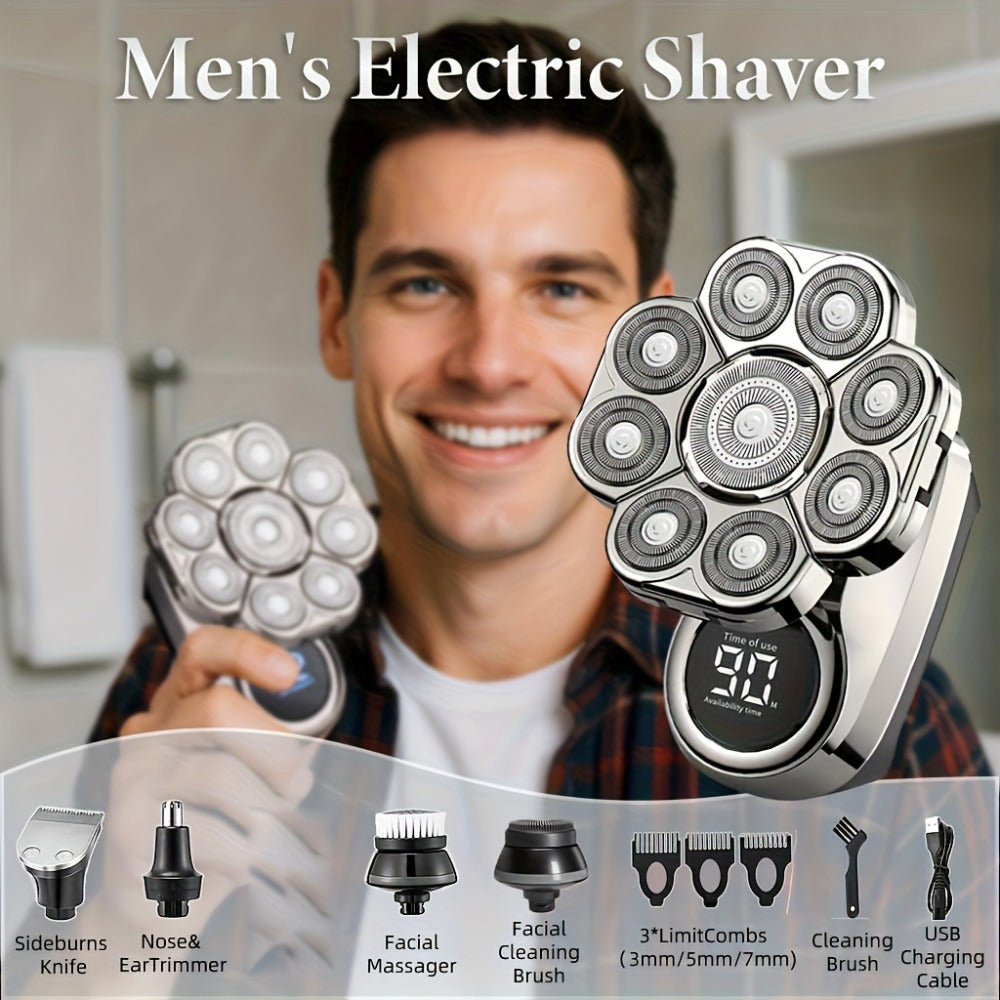 9D Floating Head Electric Razor for Bald Men 5-in-1 Grooming Kit Beard Trimmer Nose Hair Trimmer Facial Cleanser Body Groomer USB Rechargeable Cordless Shaver for Home Travel