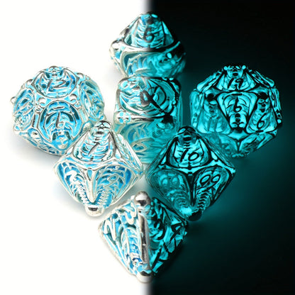 Metal Skull Dice Set 7pcs Glow in the Dark – Hollow UV Fluorescent Polyhedral DnD RPG Dice for Dungeon Masters, Skeleton Design Blue, Tabletop Gamer Gift Halloween Christmas Birthday