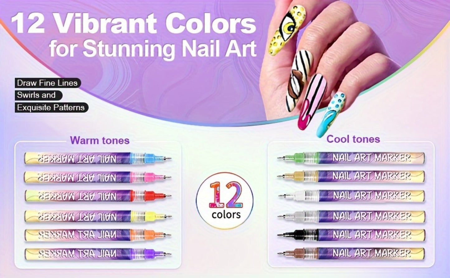 Acrylic Nail Doodle Pen Set 12 Colors - Quick-Dry Precision 3D Dot & Stitching Nail Art Pens, Long-Lasting Detail Drawing Tools for Home & Salon, Beginner & Professional Nail Art Gift