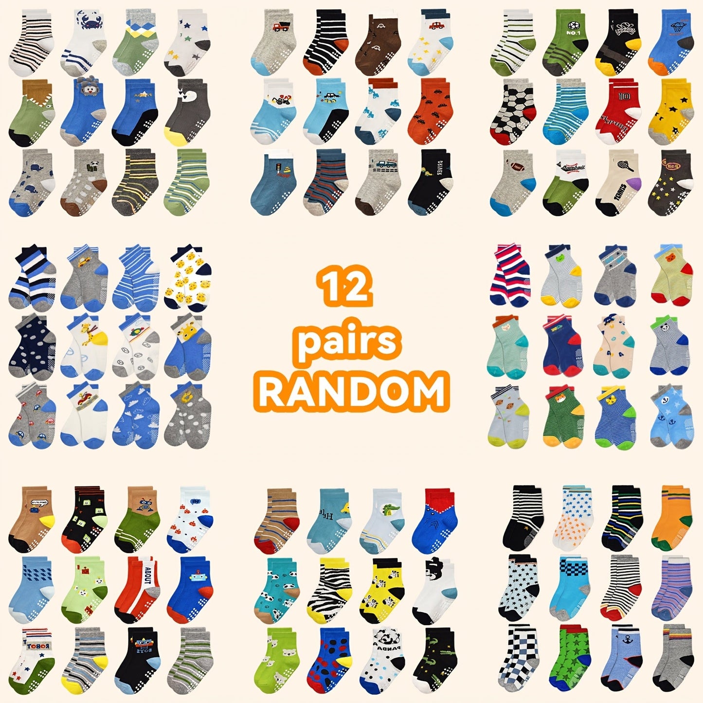 Kids' Assorted Non-Slip Crew Socks - 12/24-Pair Options