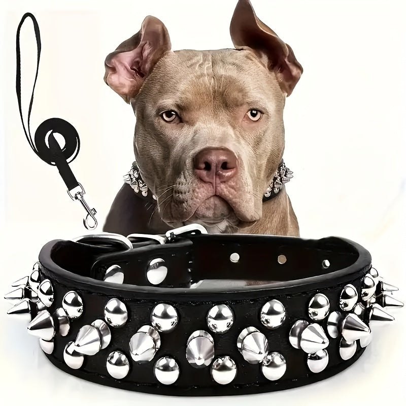 Rivet Dog Collar Bite Resistant with Leash Set, Heavy Duty Metal Buckle Pet Collar for Medium Large Dogs, Adjustable Sizes XS–XXL, Black Pink Red Blue Purple