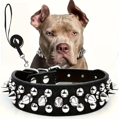 Rivet Dog Collar Bite Resistant with Leash Set, Heavy Duty Metal Buckle Pet Collar for Medium Large Dogs, Adjustable Sizes XS–XXL, Black Pink Red Blue Purple