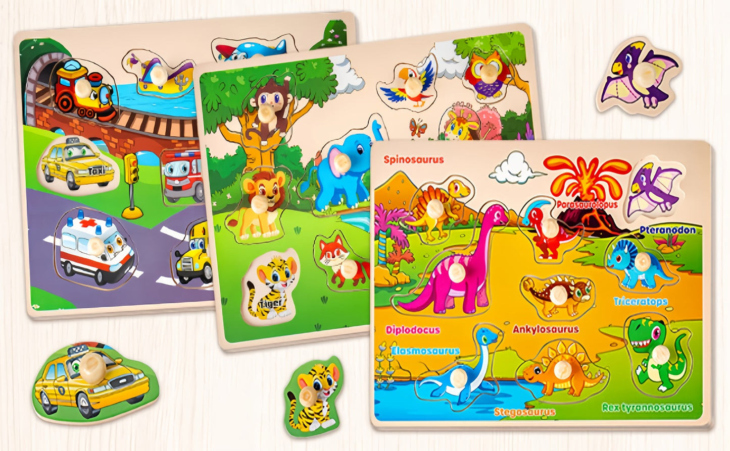6-in-1 Wooden Toddler Puzzle Set with Storage Rack – Alphabet Number Shape Animal Dinosaur Vehicle Puzzles, STEM Montessori Educational Learning Toy, Gift for Baby Boys Girls Ages 1 2 3