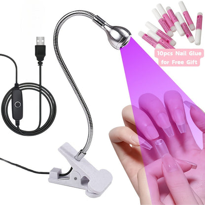 LED Nail Lamp Clip-On Hands-Free with Flexible Metal Tube & Multi-Color Lighting – UV Gel Nail Dryer for Manicure Pedicure Home DIY Nail Art Includes 10pc Nail Glue Gift for Women