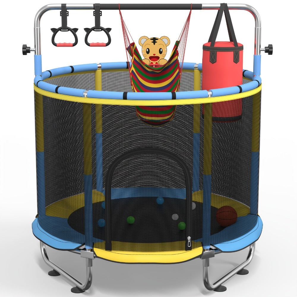 Kids Trampoline with Enclosure and Gymnastics Bar – 60" Height Adjustable Safety Net Trampoline for Toddlers Ages 3+, Indoor Outdoor Active Play with Toys Included | Best Birthday Gift