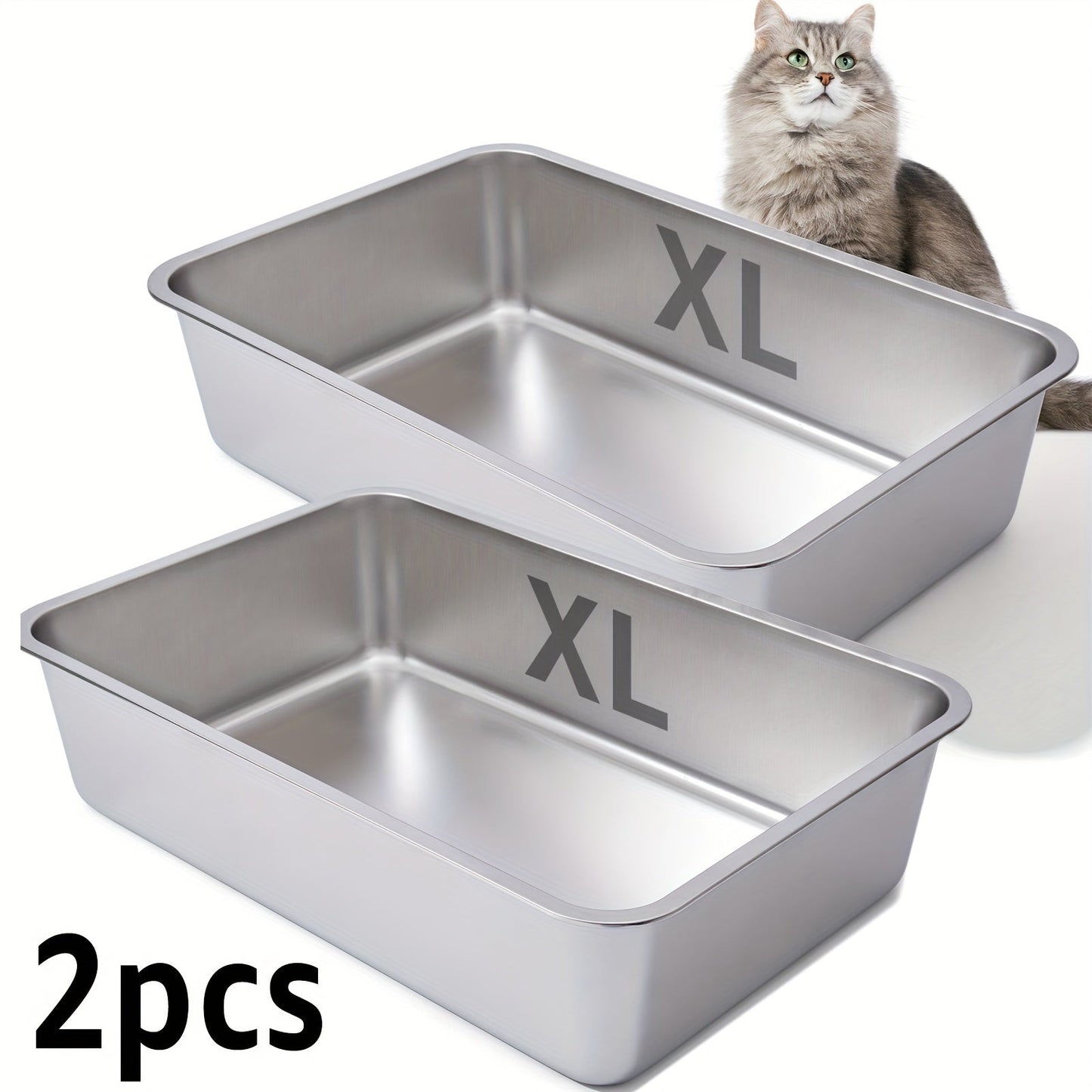 Stainless Steel Cat Litter Box – Non-Stick Odor-Free Easy Clean Metal Litter Pan for Medium & Large Cats, 2-Pack, Available in M / XL / XXL