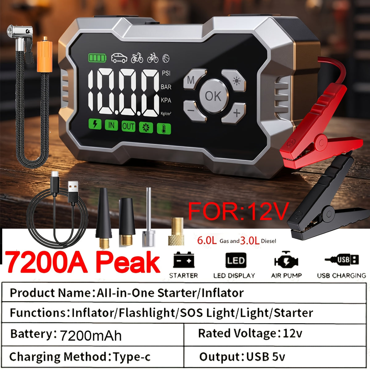 10000A 7-in-1 Multifunctional Emergency Start Power Supply, 150PSL Portable Car Battery Starter, Digital Tire Inflator, Suitable for 2.64 Gallon Gasoline Or 2.38 Gallon Diesel Batteries, LED Emergency Light, Car Accessory Tool.