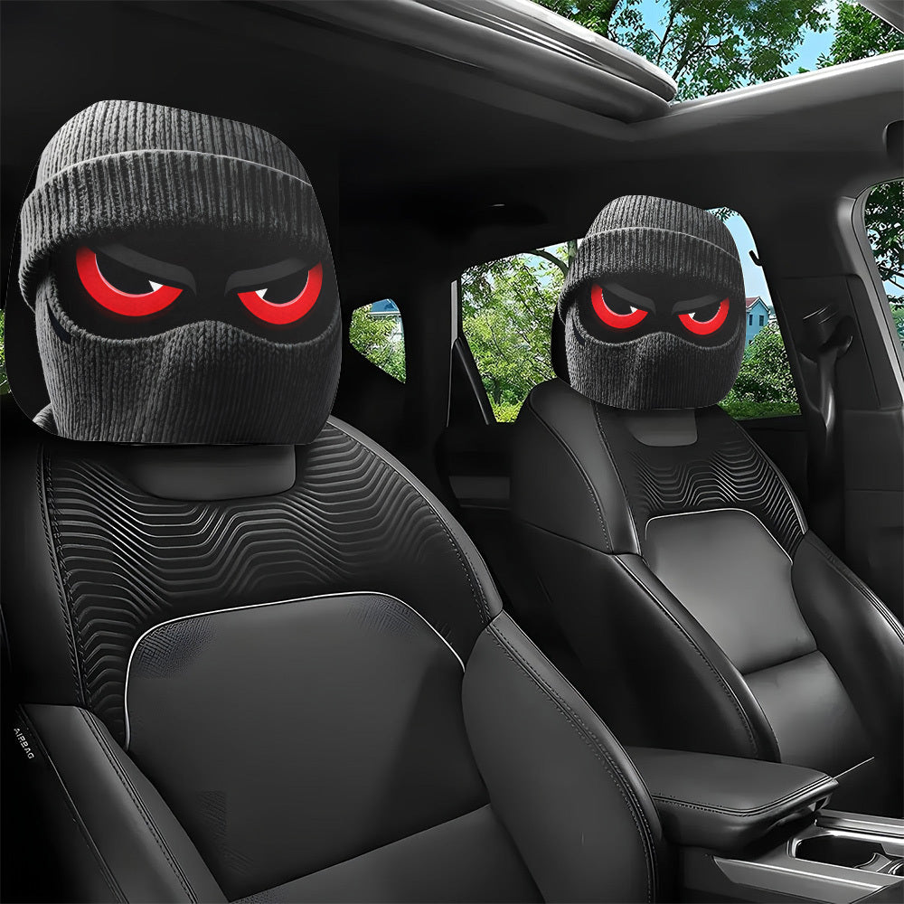 2pcs Red-Eyed Bandit Mask Car Headrest Covers, Knit, Unisex, No Stuffing, Easy to Install and Wash, Trendy Car Interior Decor for Friends Gathering and Road Trips, Unique and Fun Car Accessories
