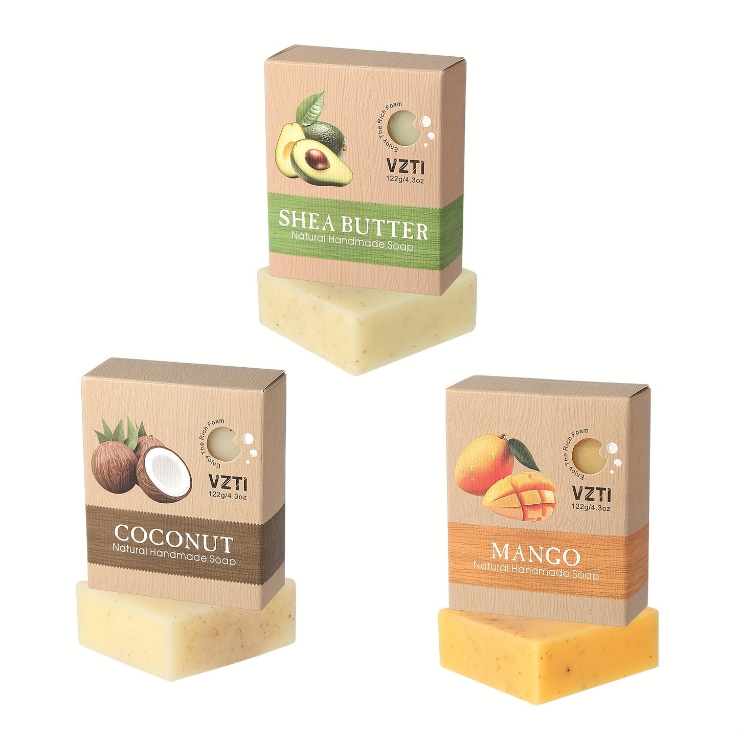 Natural Bar Soap Handmade 3pc & 6pc Set - Exfoliating Moisturizing Body Soap with Eucalyptus, Lavender, Mango & Shea Butter Essential Oils, Deep Cleansing 122g Bath Soap Gift Set for Women Men