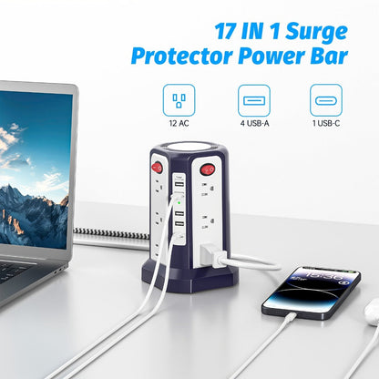 Power Strip Tower Surge Protector 16 AC Outlets 5 USB Ports PD20W USB-C Fast Charging Flat Plug Extension Cord 1500J Overload Protection Desktop Charging Station for Home Office Dorm