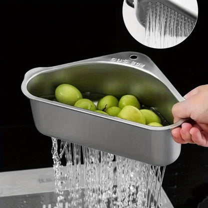 Kitchen Drain Strainer Basket 304 Stainless Steel Triangular Corner Sink Filter – Food Scrap & Leftover Catcher for Kitchen Sink & Wash Basin, Rust-Proof Easy Clean Drain Basket Silver