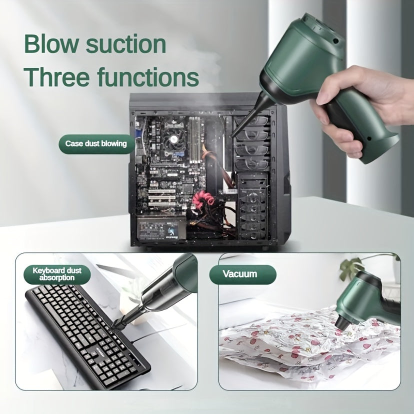 A Three In One Wireless Vacuum Cleaner with A High Power, Which Can Be Used for Suction, Air Extraction, And Blowing, Both In The Car And At Home. It Has An Extended Battery Life, Can Absorb Dust, Debris, Pet Hair, Air Extraction, And Dust Blowing