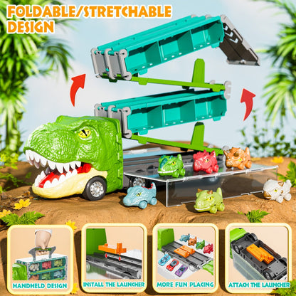 Dinosaur Truck Toys 13-in-1 Transport Carrier with 63-Inch Foldable Race Track | 6 Dino Cars + 6 Die-Cast Cars | 2-Player Racing Mode | Kids Birthday Christmas Gift