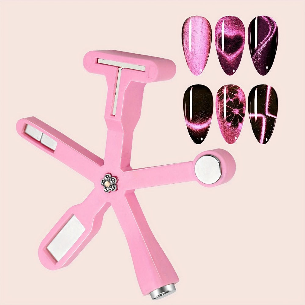 Cat Eye Nail Magnet Set 3Pcs 6-in-1 Magnetic Nail Art Tool – Pentagram Heart Round Cigar Magnets for Cat Eye Gel Polish Linear Star Heart Effects, DIY Home Salon Studio, Pink Design