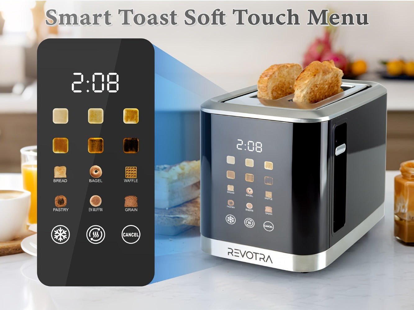 Stainless Steel Toaster 2 Slice with LED Display & Extra Wide Slots – 6 Shade Settings, Defrost Reheat Cancel Functions, Removable Crumb Tray, Compact Design for Bagels, Waffles & Bread